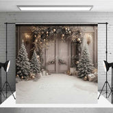 Aperturee Aperturee Elegant Christmas Doorway Photography Backdrop Frosted Trees and Gifts in Snow Silver and Gold Holiday Decor Prop